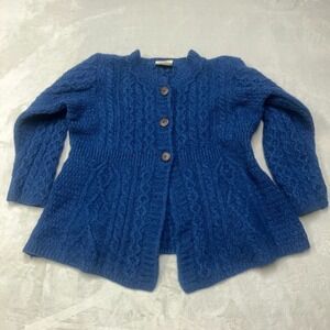 Carraig Donn Women's Cable Knit Merino Wool Cardigan Blue Made in Ireland Size L